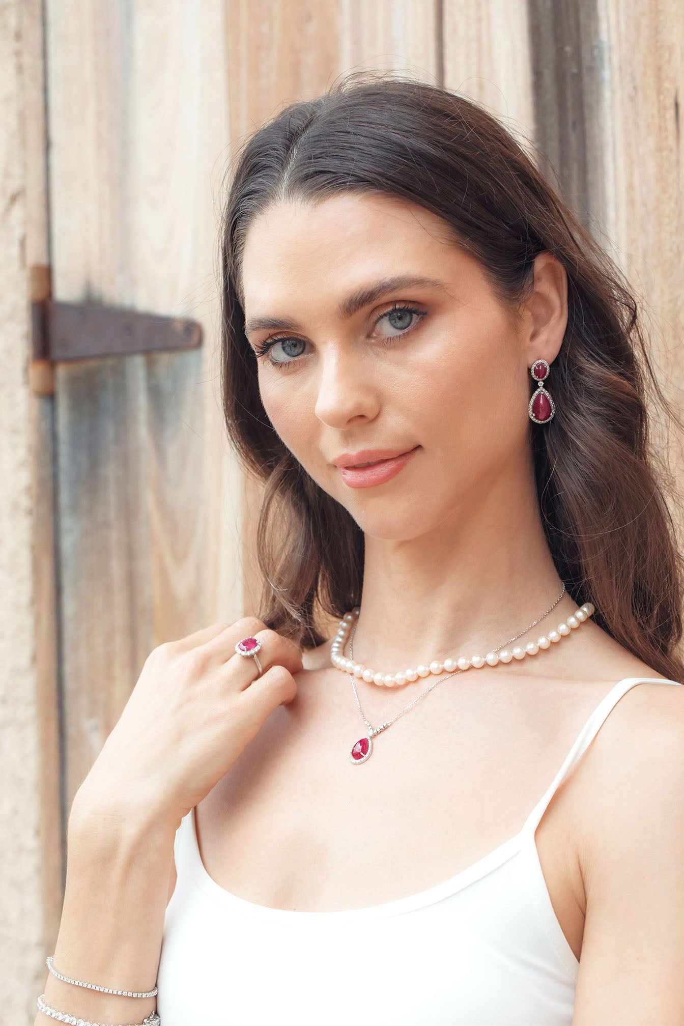 Double Drop Earrings Oval & Pear Ruby and Daimond Halo