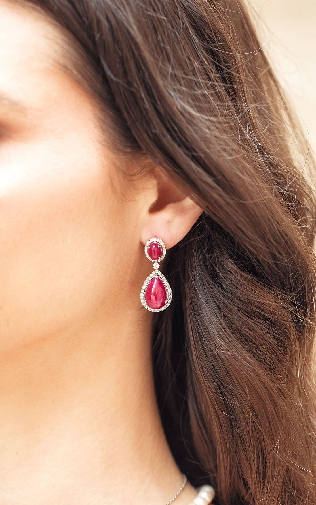 Double Drop Earrings Oval & Pear Ruby and Daimond Halo