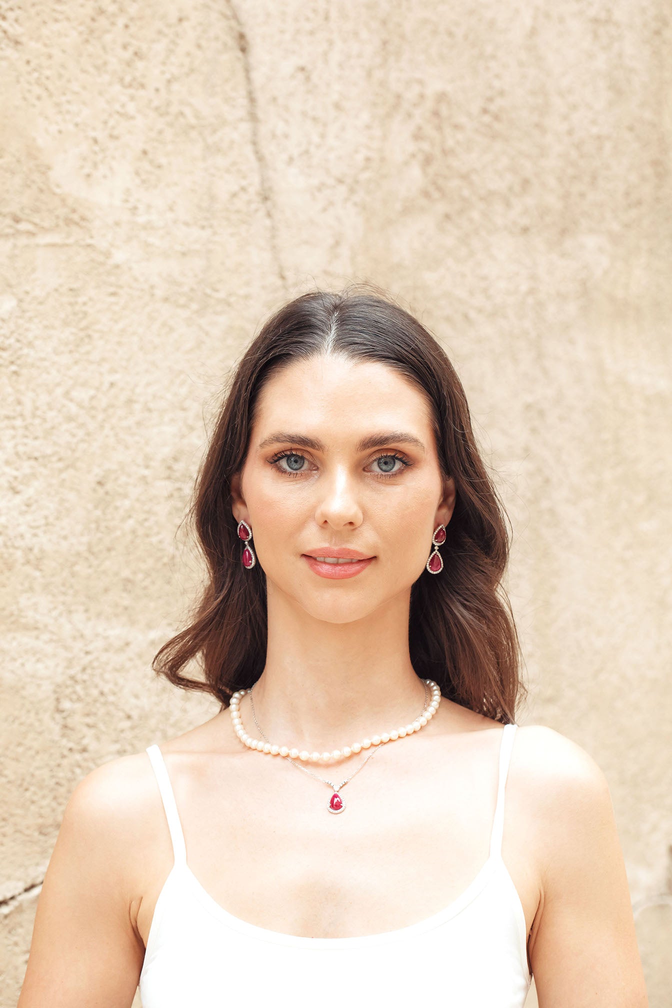 Double Drop Earrings Pear Ruby and Daimond Halo