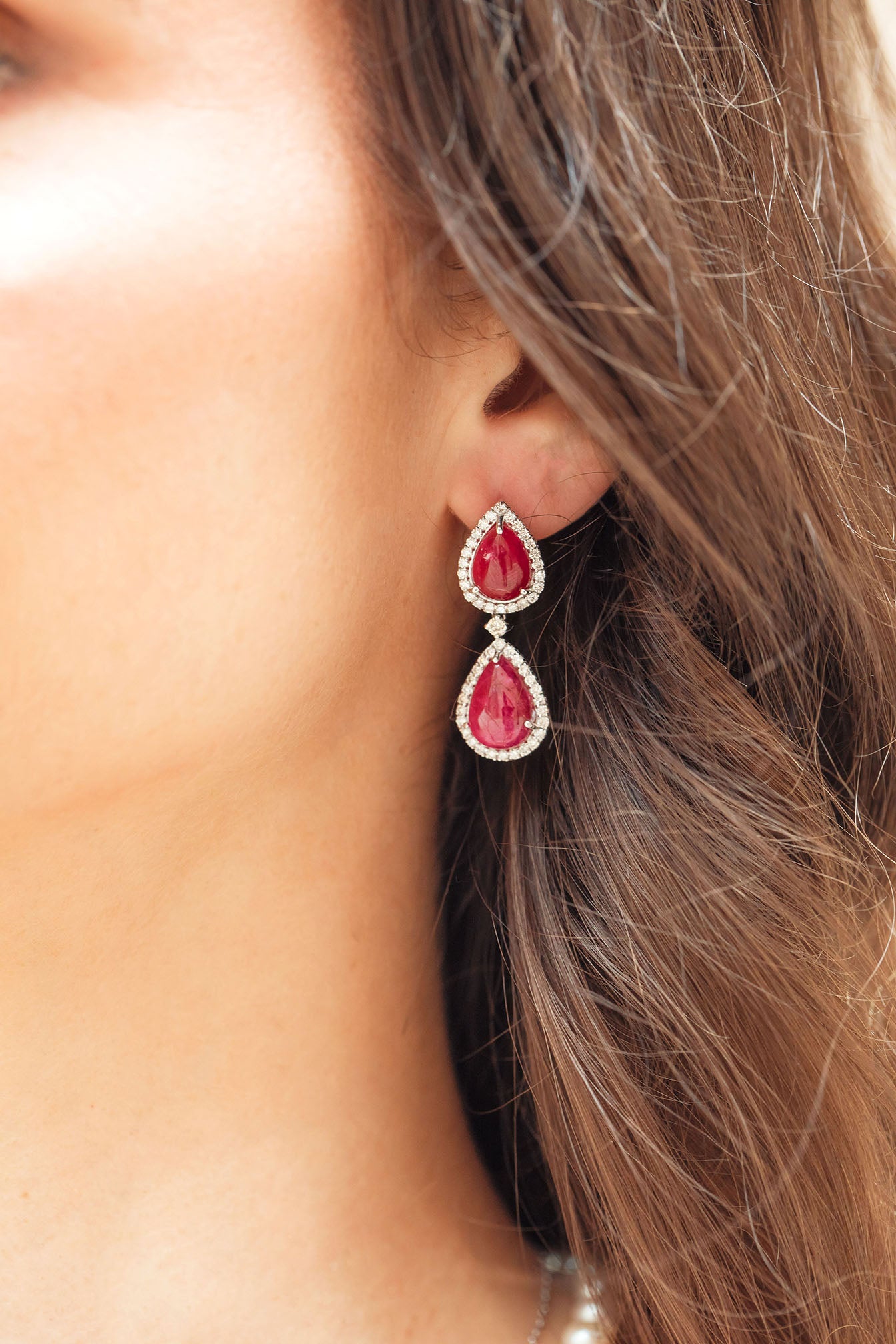 Double Drop Earrings Pear Ruby and Daimond Halo