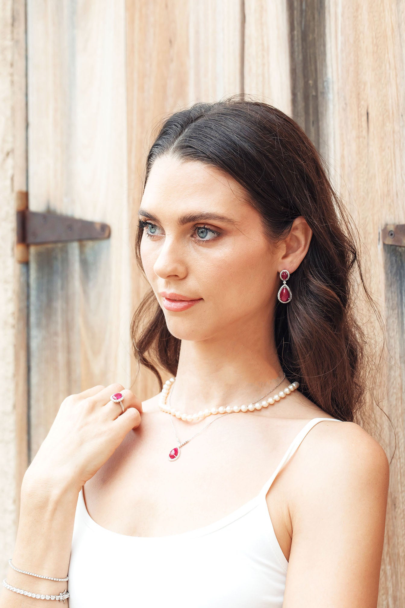 Double Drop Earrings Oval & Pear Ruby and Daimond Halo