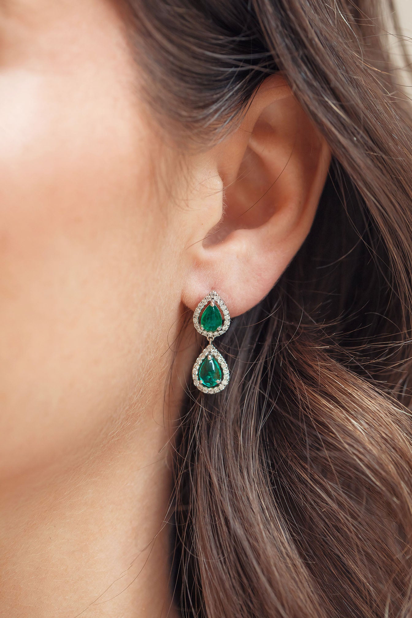 Double Drop Earrings Pear Emerald and Daimond Halo Earrings