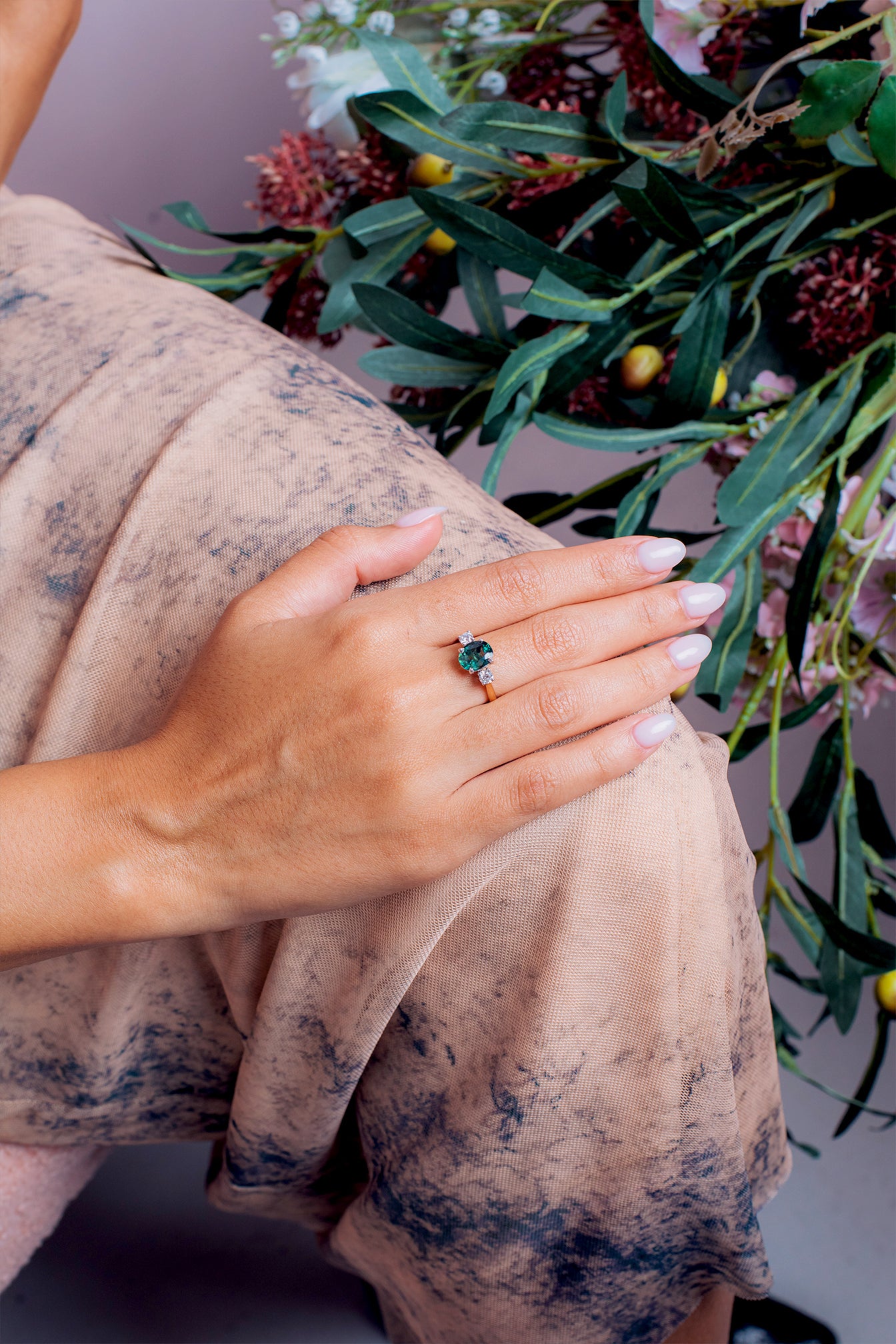 Three Stone Diamond And Oval Cut Teal Sapphire Ring