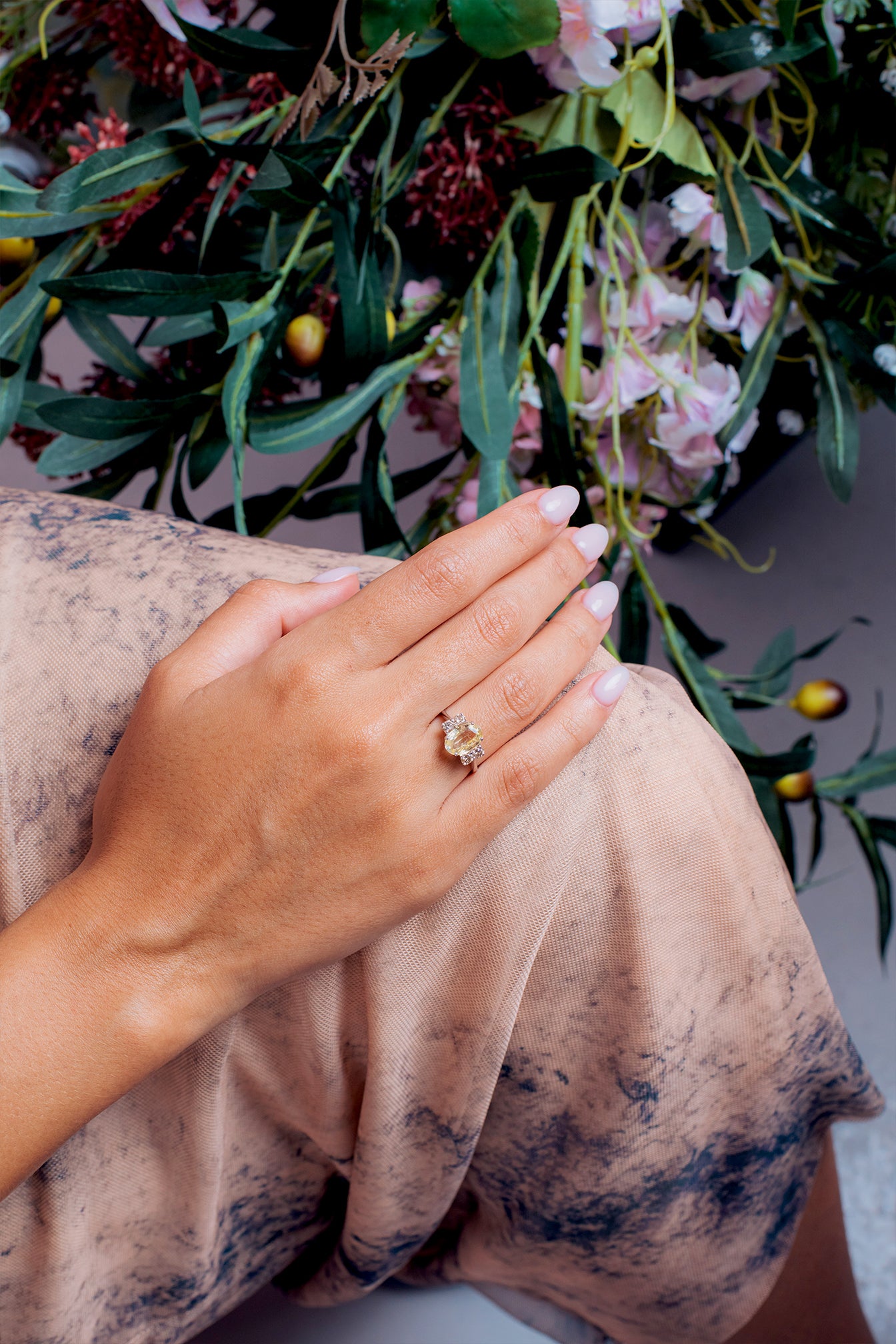 Five Stone ring with Oval Cut Yellow Sapphire and Brown Diamonds