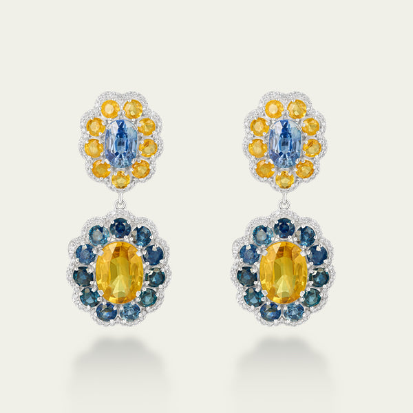 Marigold Hero I Earrings in 18K white gold, set with blue and yellow sapphire and diamond