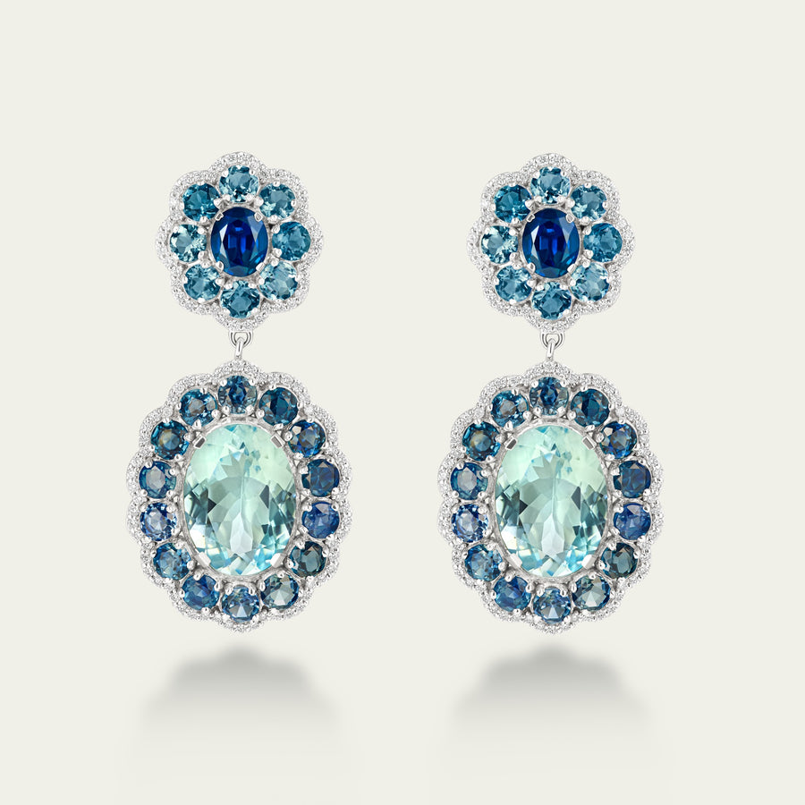 Marigold Aqua Earrings in 18K white gold, set with blue sapphire and aquamarine and diamond