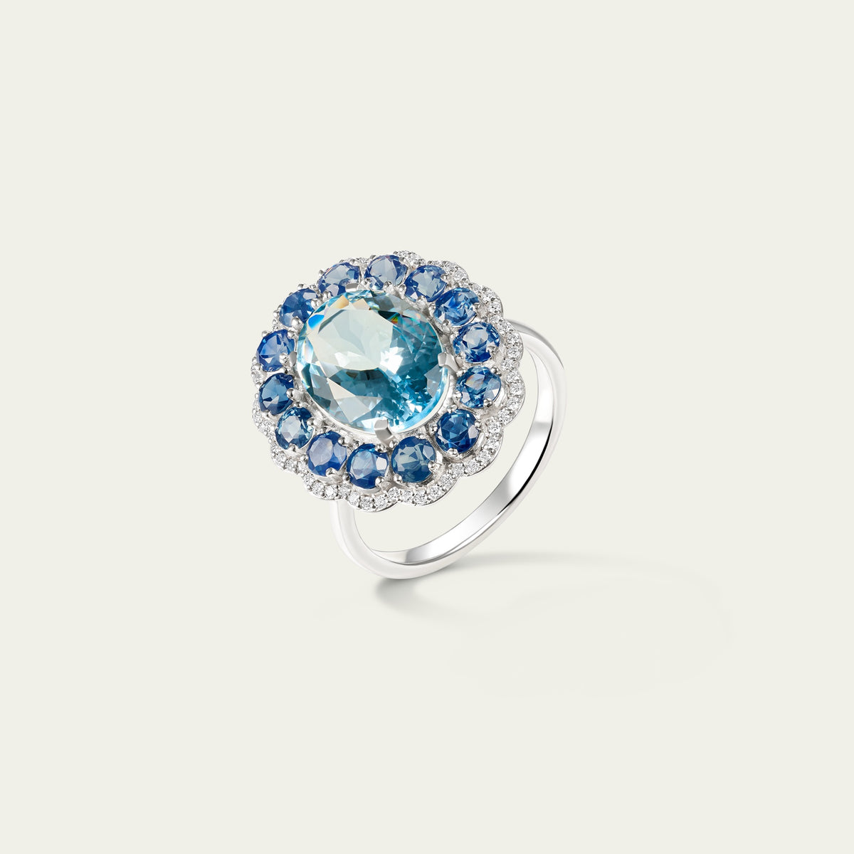 Marigold Aqua Ring in 18K white gold, set with blue sapphire and aquamarine and diamond