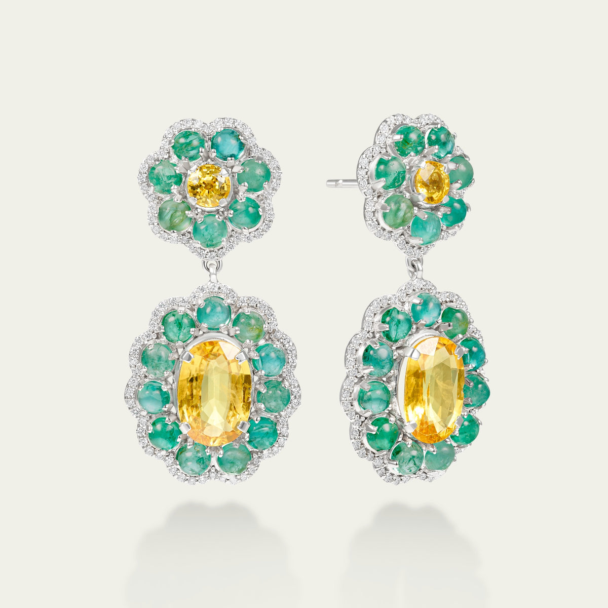 Marigold Hero II Earrings in 18K white gold, set with emerald and yellow sapphire and diamond