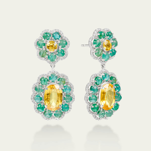 Marigold Hero II Earrings in 18K white gold, set with emerald and yellow sapphire and diamond