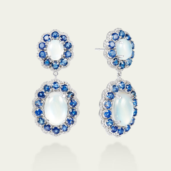 Marigold Moon Earrings in 18K white gold, set with blue sapphire and moonstone and diamond