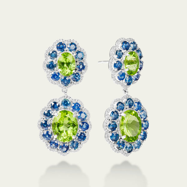 Marigold Peri Earrings in 18K white gold, set with blue sapphire and peridot and diamond