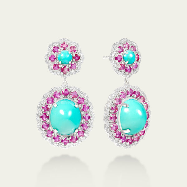 Marigold Ruby Earrings in 18K white gold, set with ruby and turquoise and diamond