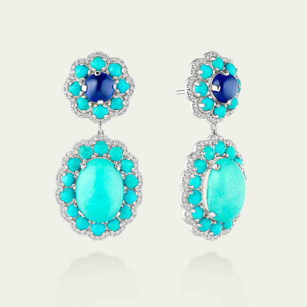Marigold Firoza Earrings in 18K white gold, set with turquoise and cabochon blue sapphire and diamond