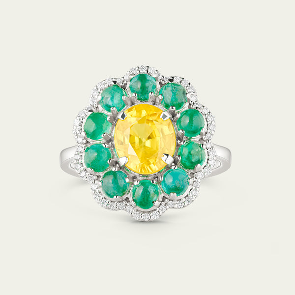 Marigold Hero II Ring in 18K white gold, set with emerald and yellow sapphire and diamond
