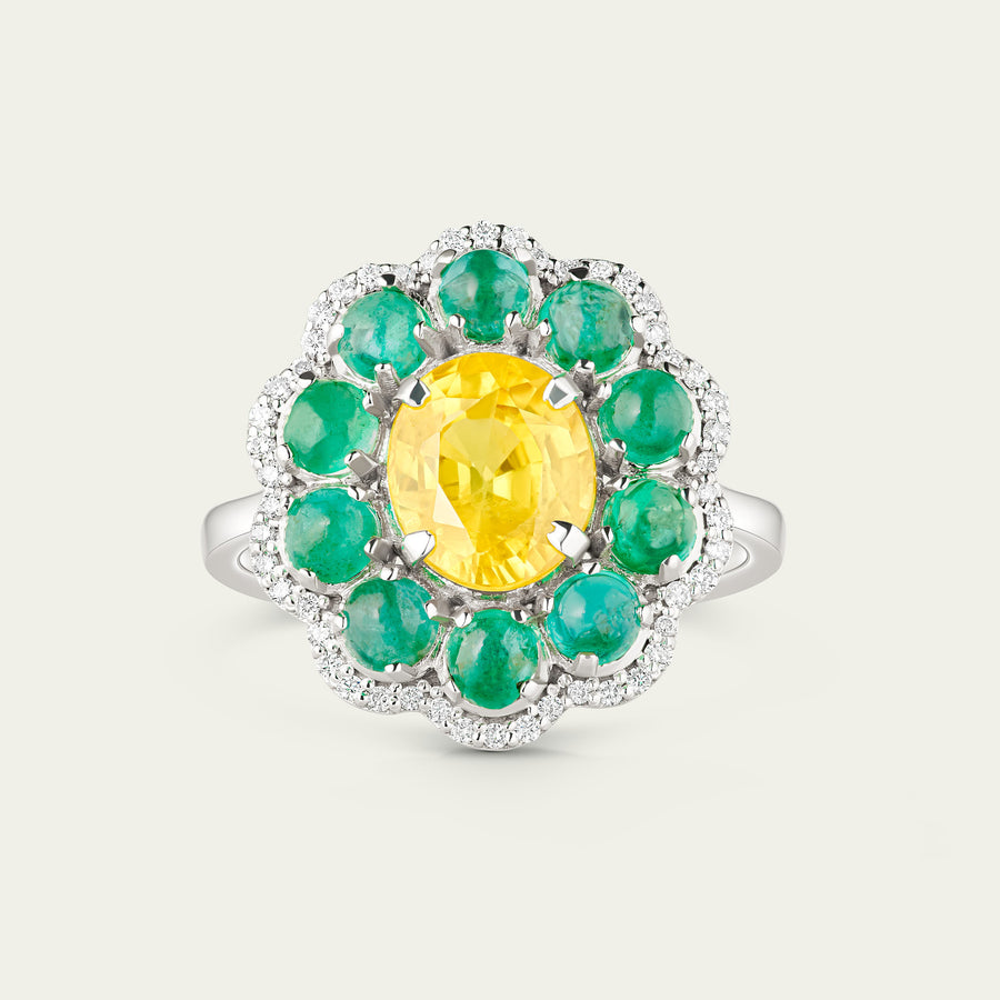 Marigold Hero II Ring in 18K white gold, set with emerald and yellow sapphire and diamond