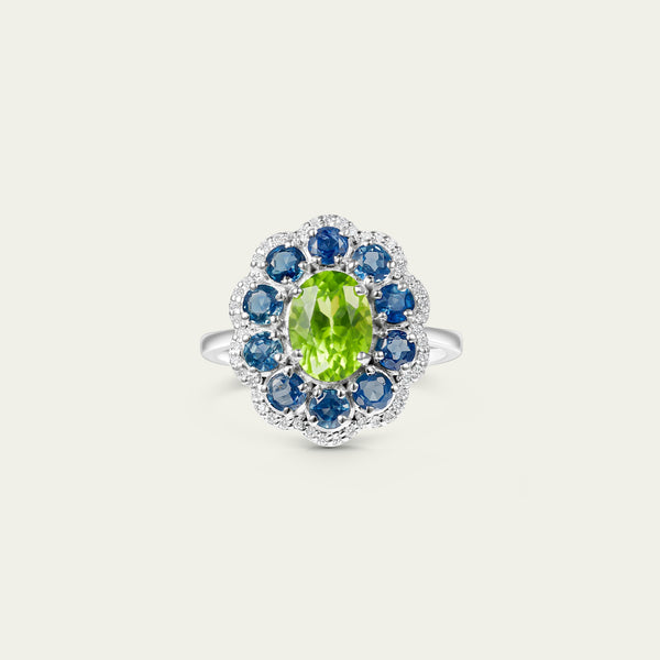 Marigold Peri Ring in 18K white gold, set with blue sapphire and peridot and diamond