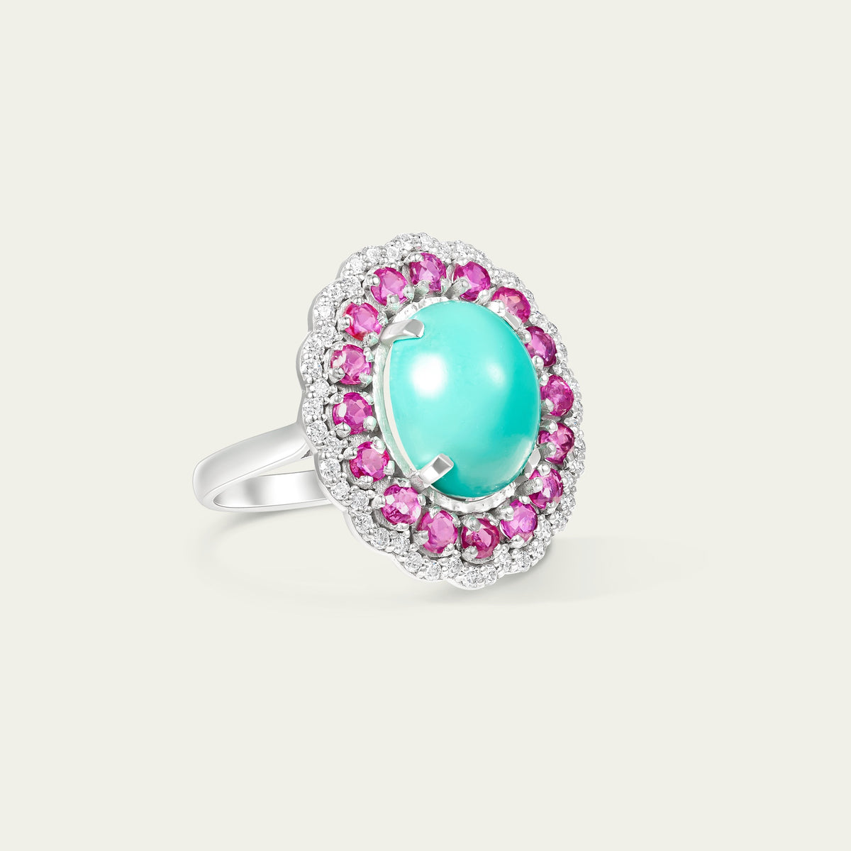 Marigold Ruby Ring in 18K white gold, set with ruby and turquoise and diamond