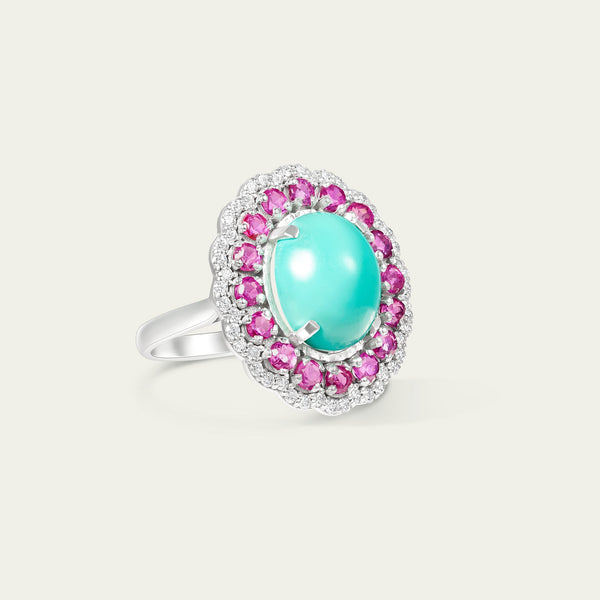 Marigold Ruby Ring in 18K white gold, set with ruby and turquoise and diamond