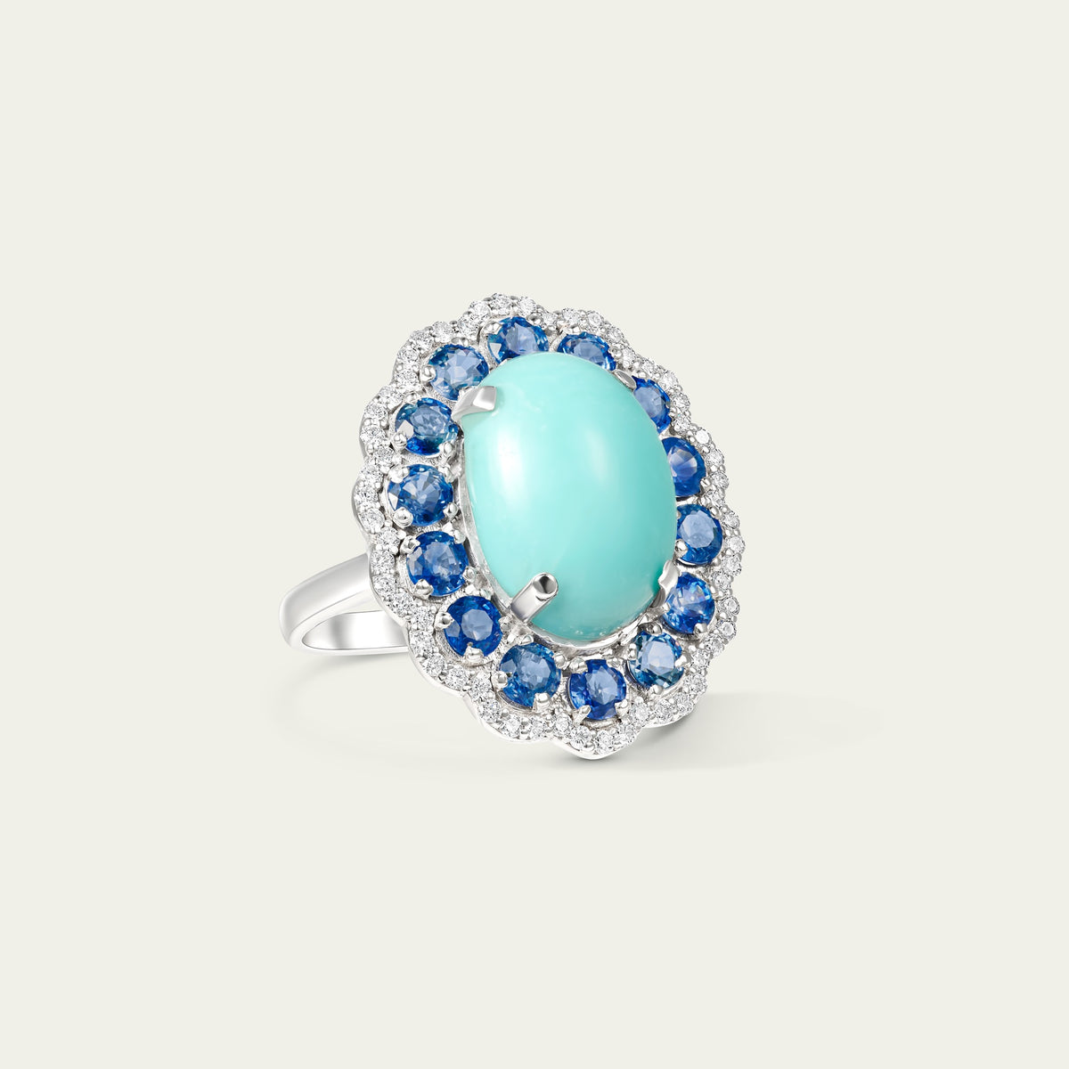 Marigold Blue Ring in 18K white gold, set with blue sapphire and turquoise and diamond