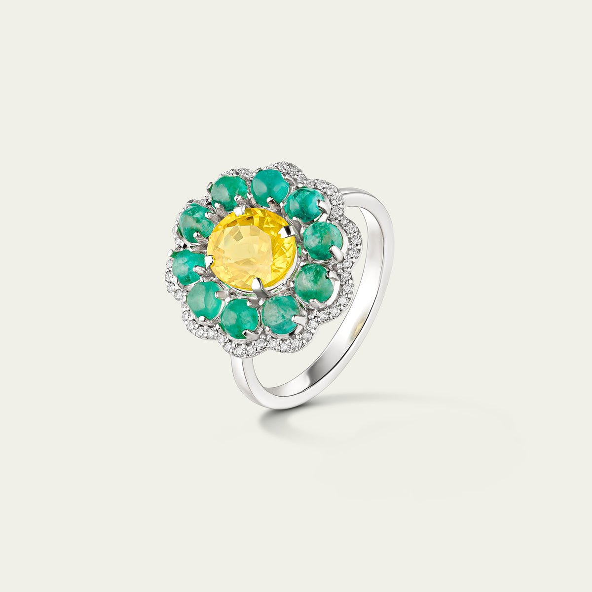 Marigold Hero II Ring in 18K white gold, set with emerald and yellow sapphire and diamond