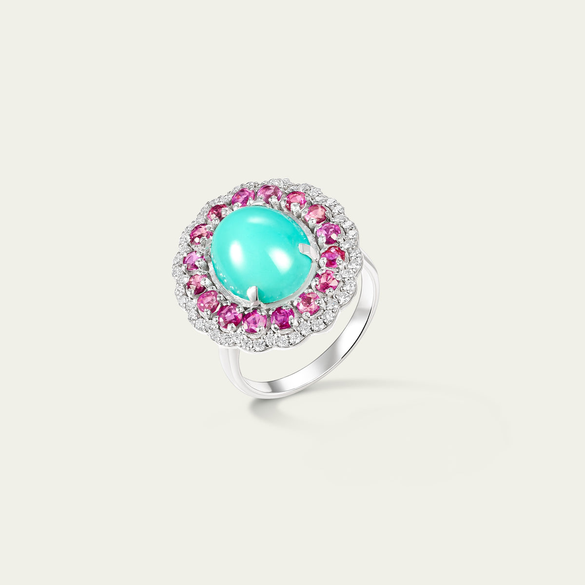 Marigold Ruby Ring in 18K white gold, set with ruby and turquoise and diamond