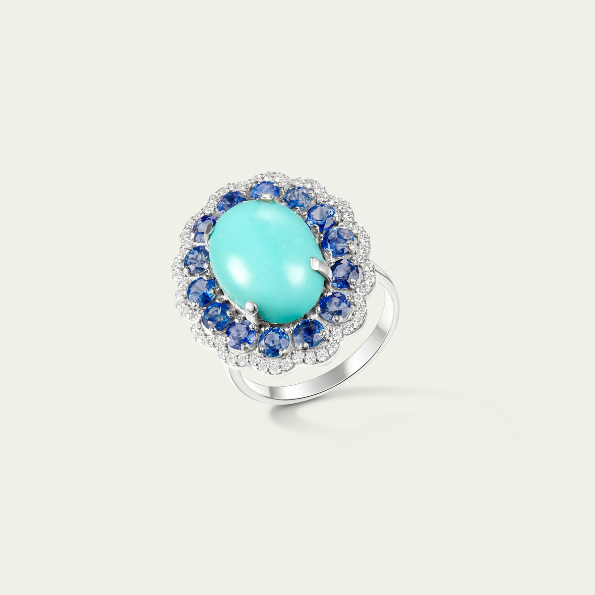 Marigold Blue Ring in 18K white gold, set with blue sapphire and turquoise and diamond