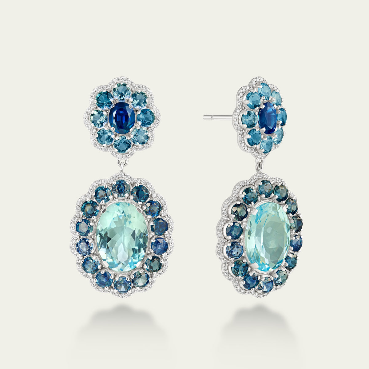 Marigold Aqua Earrings in 18K white gold, set with blue sapphire and aquamarine and diamond