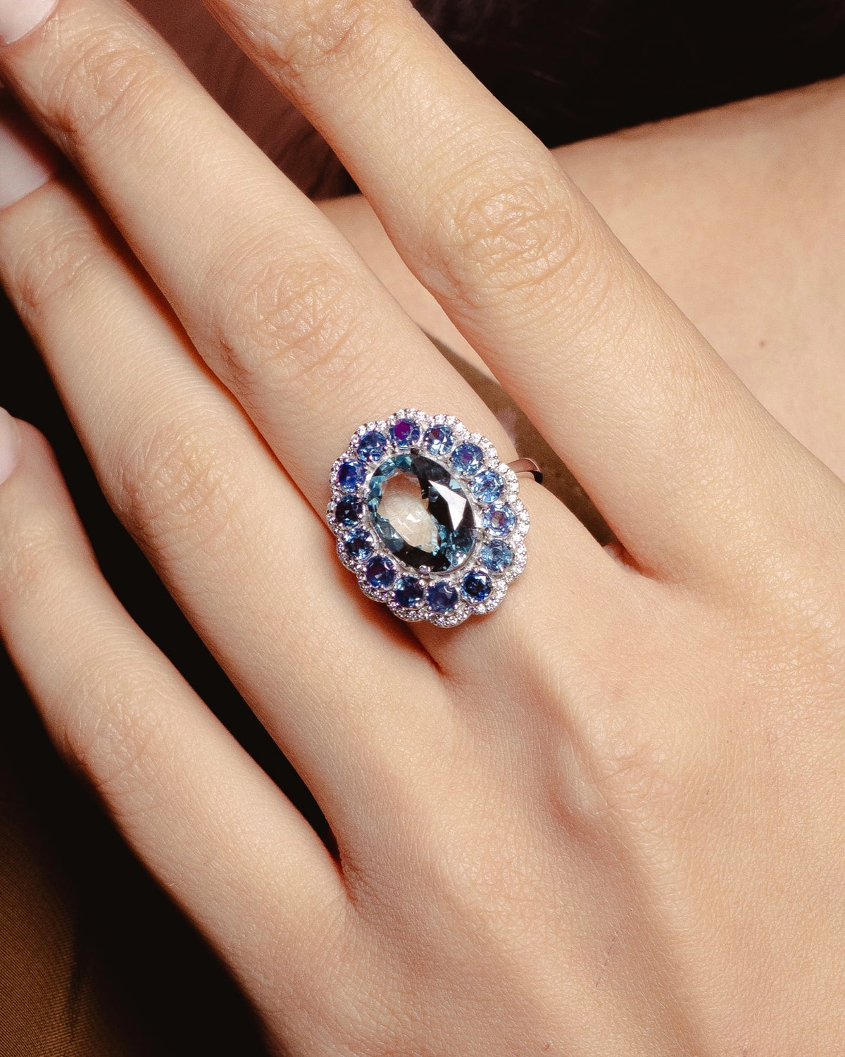 Model wearing the Anjus Marigold Aqua Ring