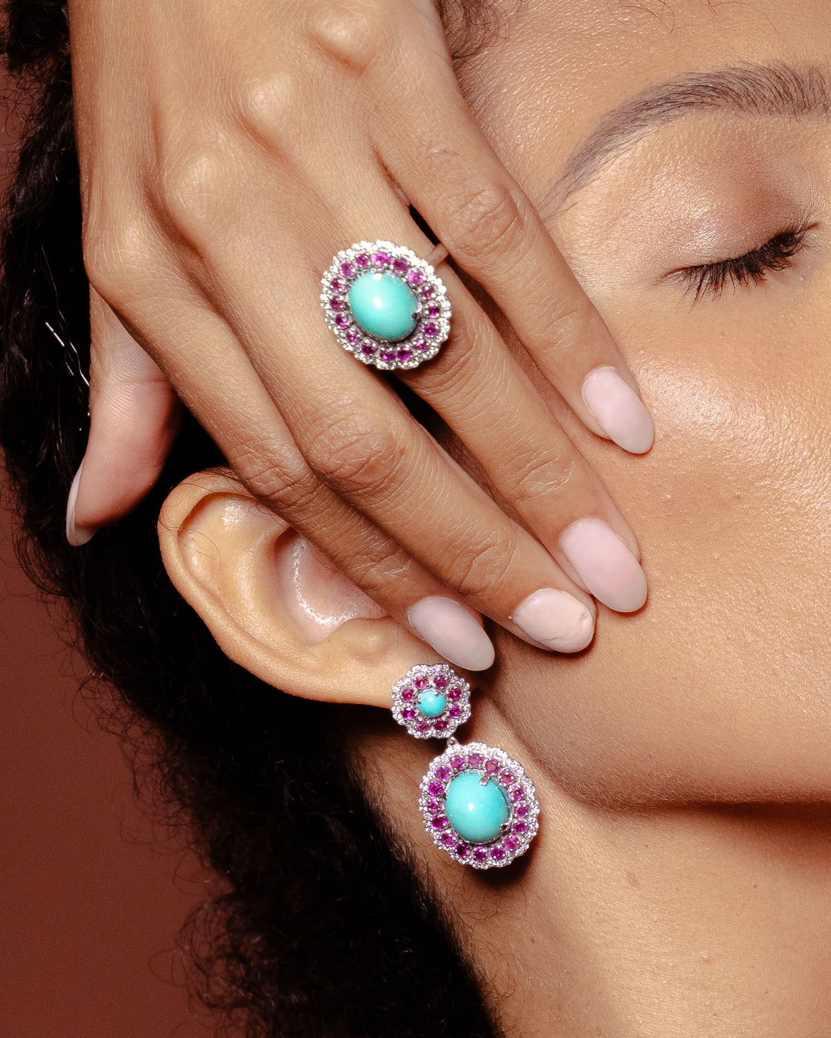 Model wearing the Anjus Marigold Ruby Ring