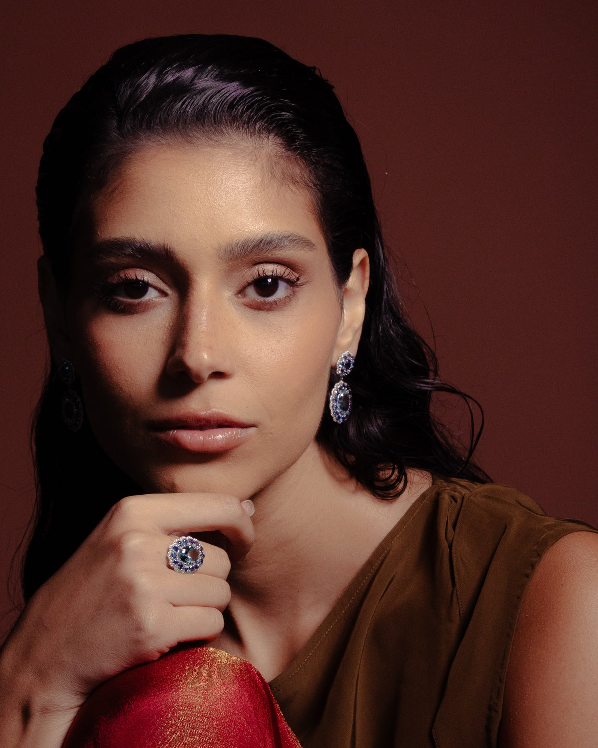 Model wearing the Anjus Marigold Aqua Ring