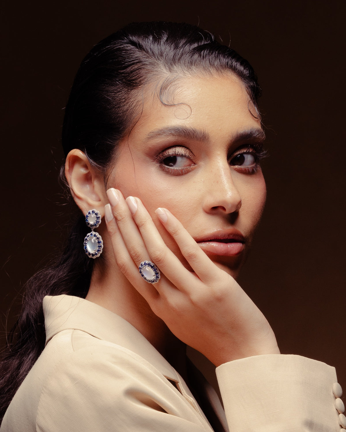 Model wearing the Anjus Marigold Moon Ring