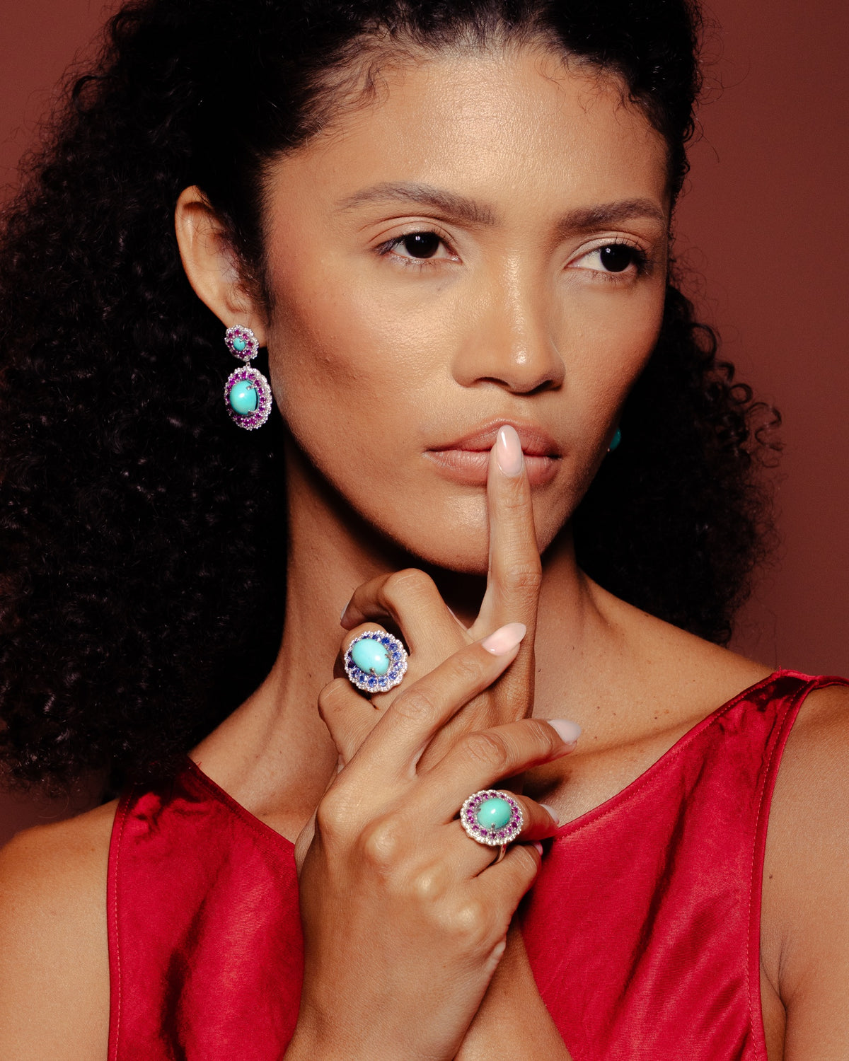 Model wearing the Anjus Marigold Ruby Earrings