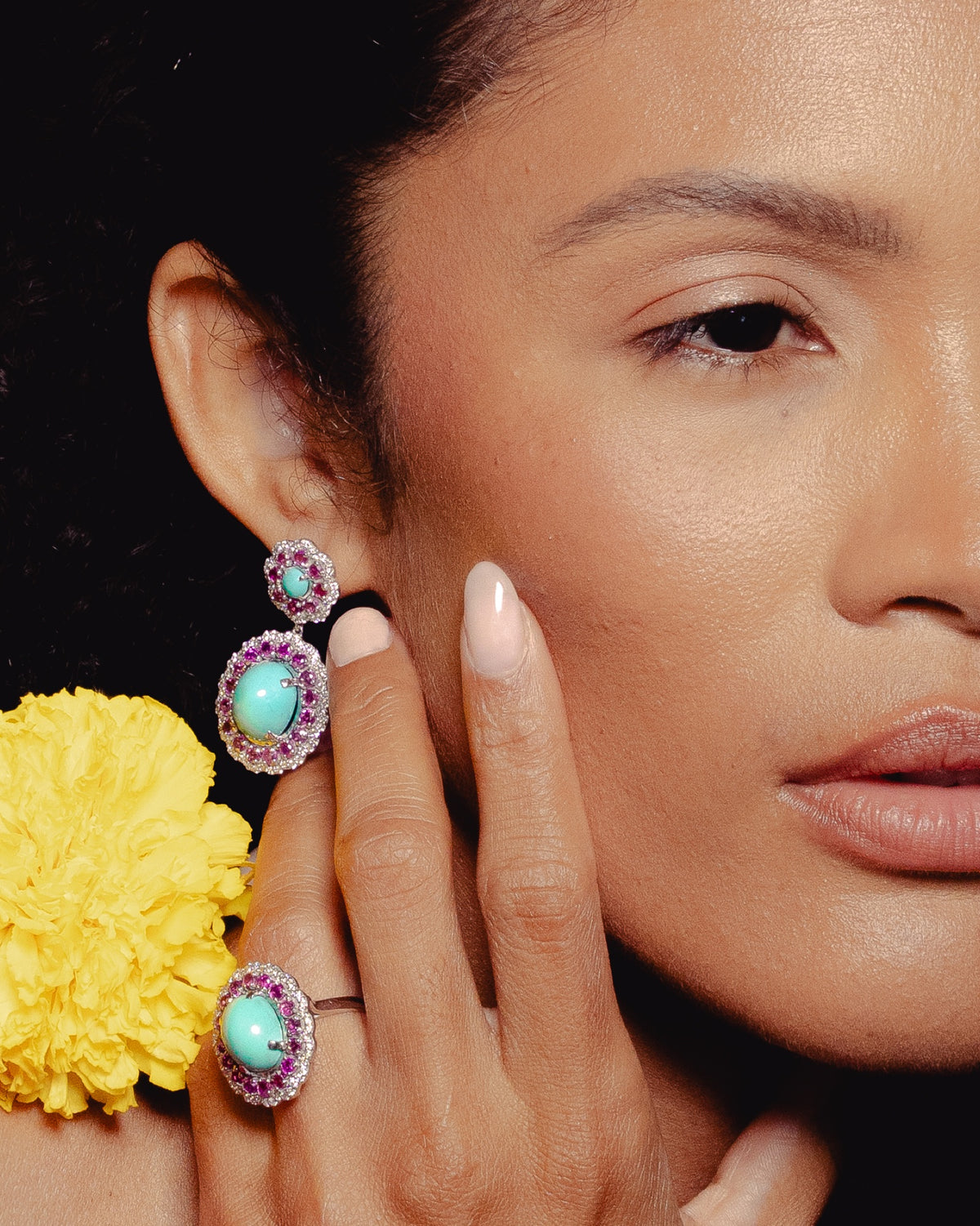 Model wearing the Anjus Marigold Ruby Ring