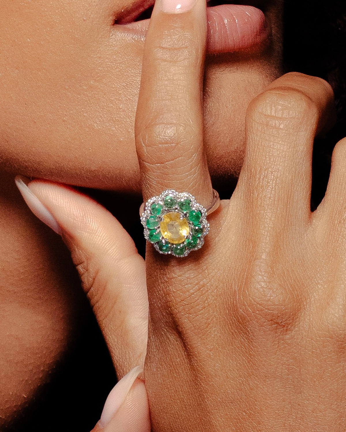 Model wearing the Anjus Marigold Hero II Ring
