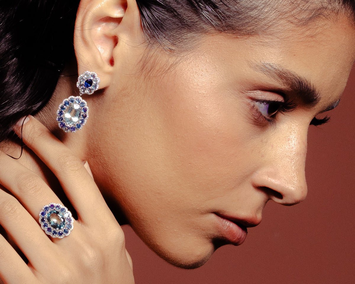 Model wearing the Anjus Marigold Aqua Ring