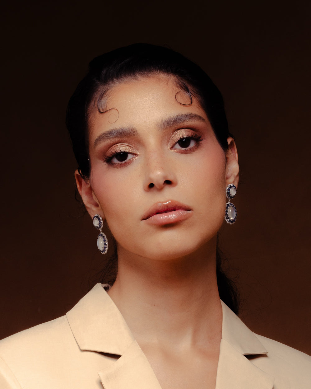 Marigold Moon Earrings on the model