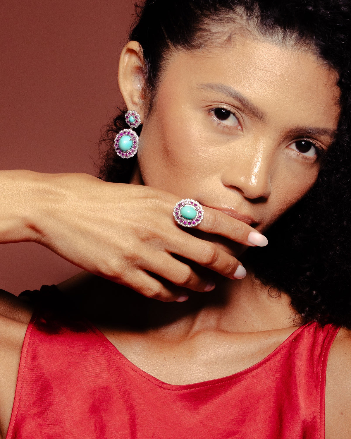 Model wearing the Anjus Marigold Ruby Earrings