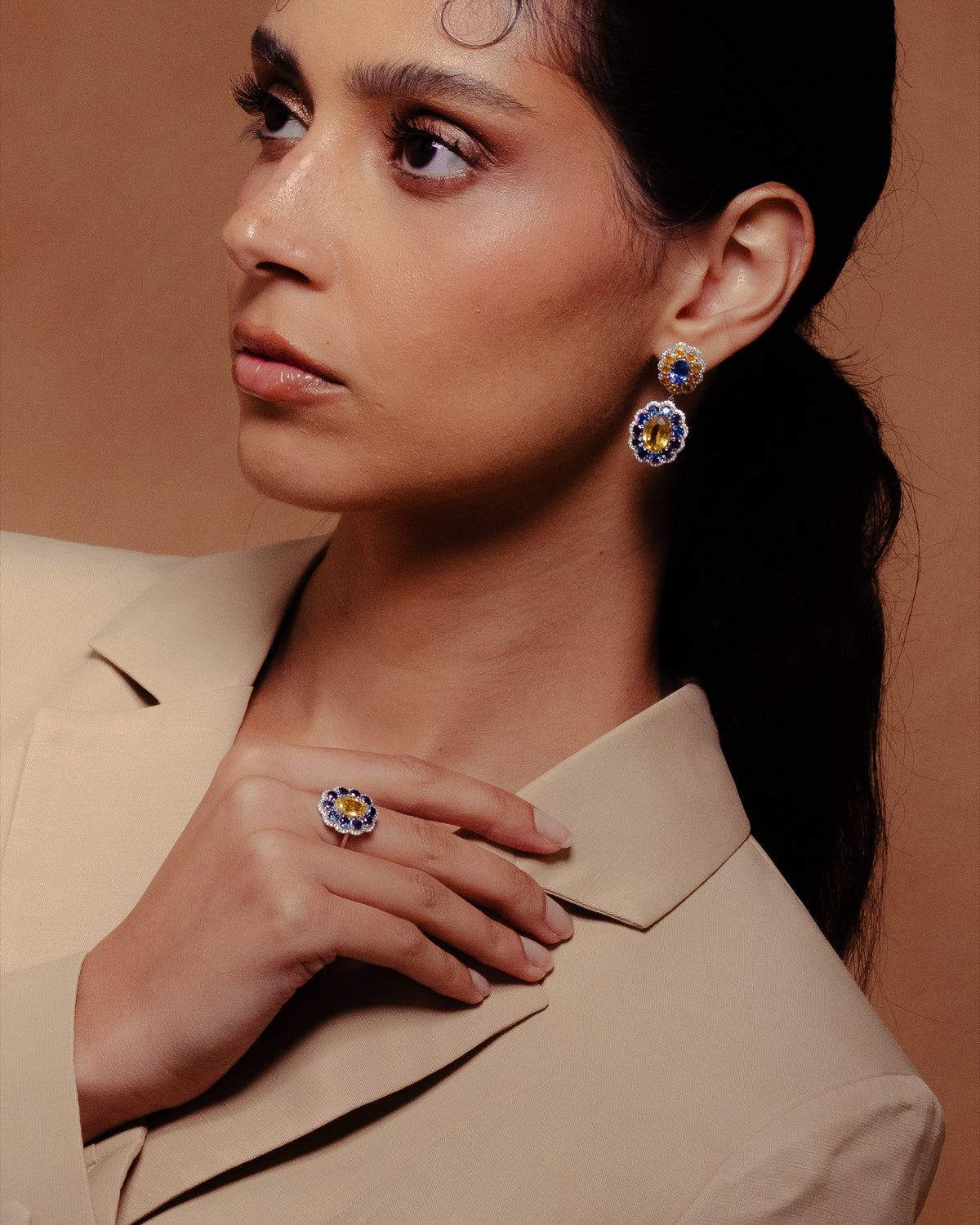 The Anjus Marigold Hero I Ring styled with the Marigold 1958 collection