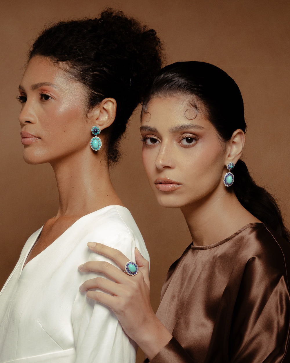 Marigold Blue Earrings on the model