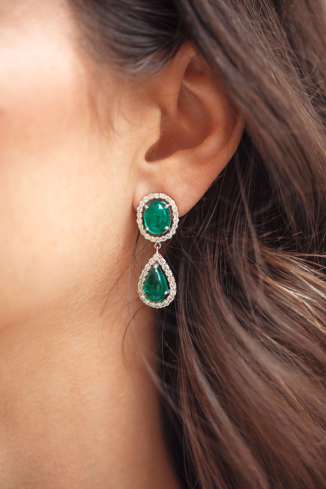 Double Drop Earrings- Oval & Pear Emerald and Daimond Halo