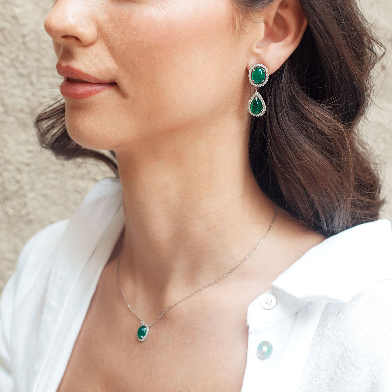 Double Drop Earrings- Oval & Pear Emerald and Daimond Halo