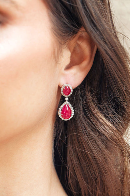 Double Drop Earrings Oval & Pear Ruby and Daimond Halo