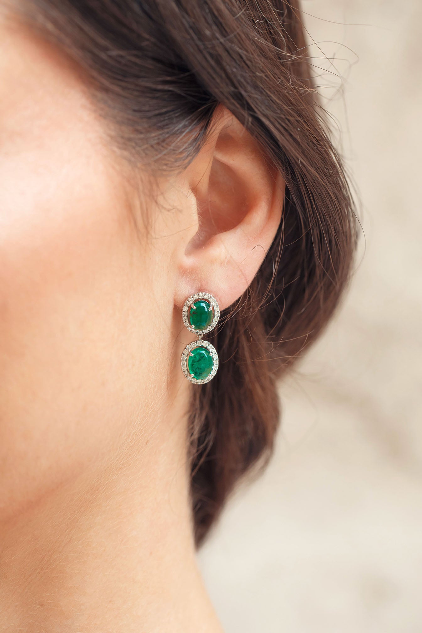 Double Drop Earrings Oval Emerald and Daimond Halo