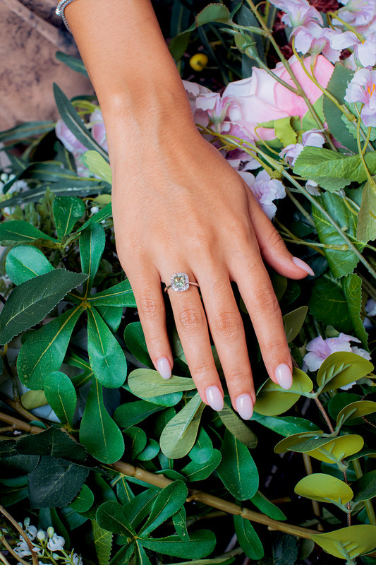 Cluster Round And Baguette Diamond Cushion Cut Green Sapphire Ring