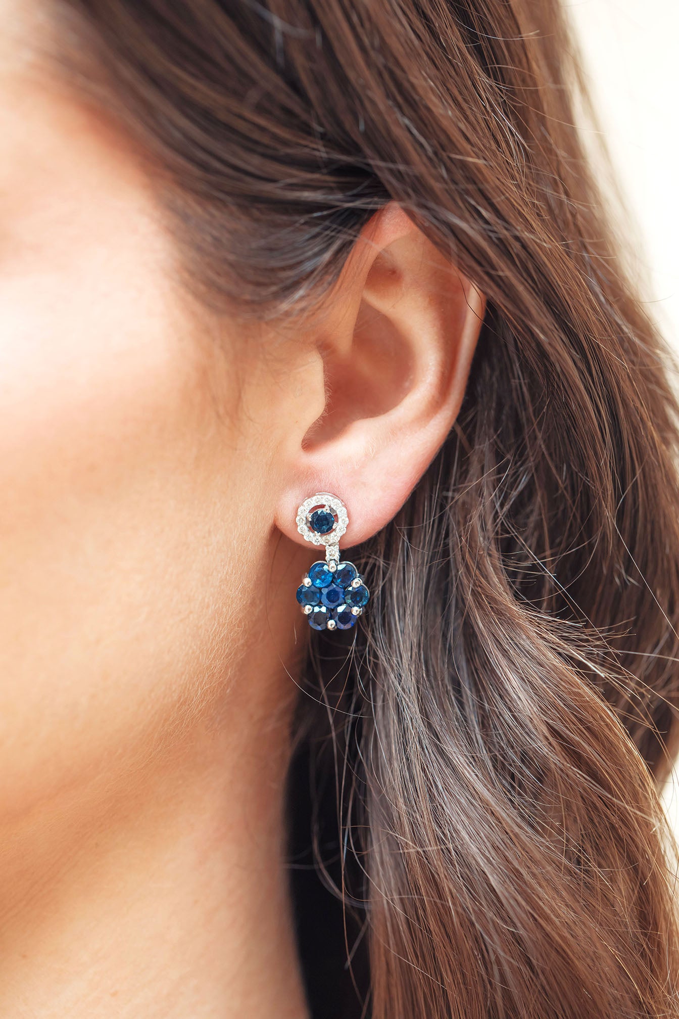 Blue Sapphire and Diamond Flower Drop Earrings