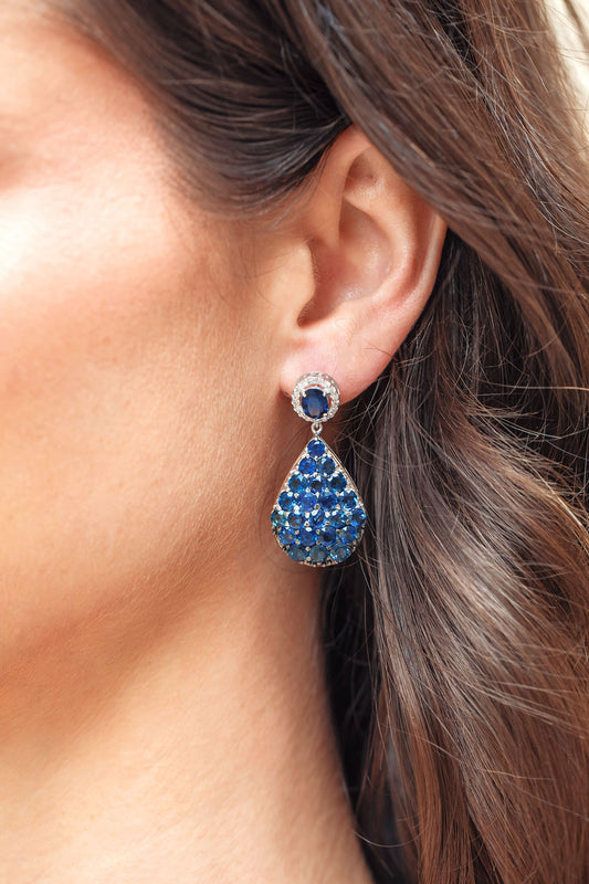 Blue Sapphire Cluster and Diamond Earrings