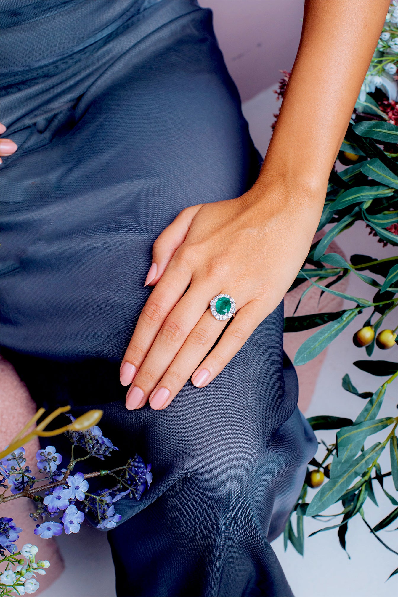 Cluster Diamond Oval Cut Emerald Ring with Baguette Diamonds