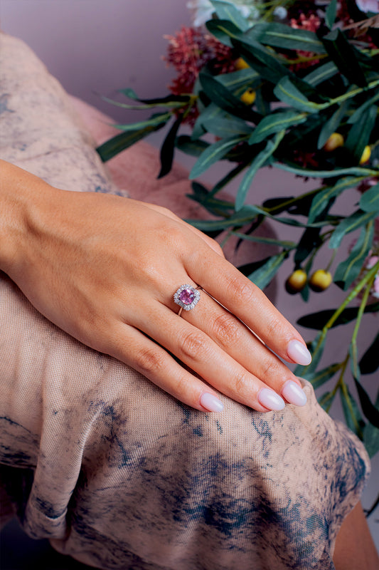 Cluster Round And Baguette Diamond Cushion Cut Pink Sapphire Rings