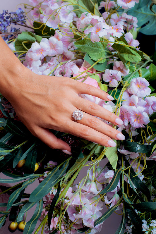 Cluster Round And Baguette Diamond Cushion Peach Sapphire Rings