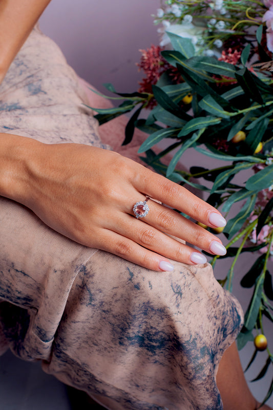 Cluster Round And Baguette Diamond Cushion Cut Intense Peach Sapphire Rings